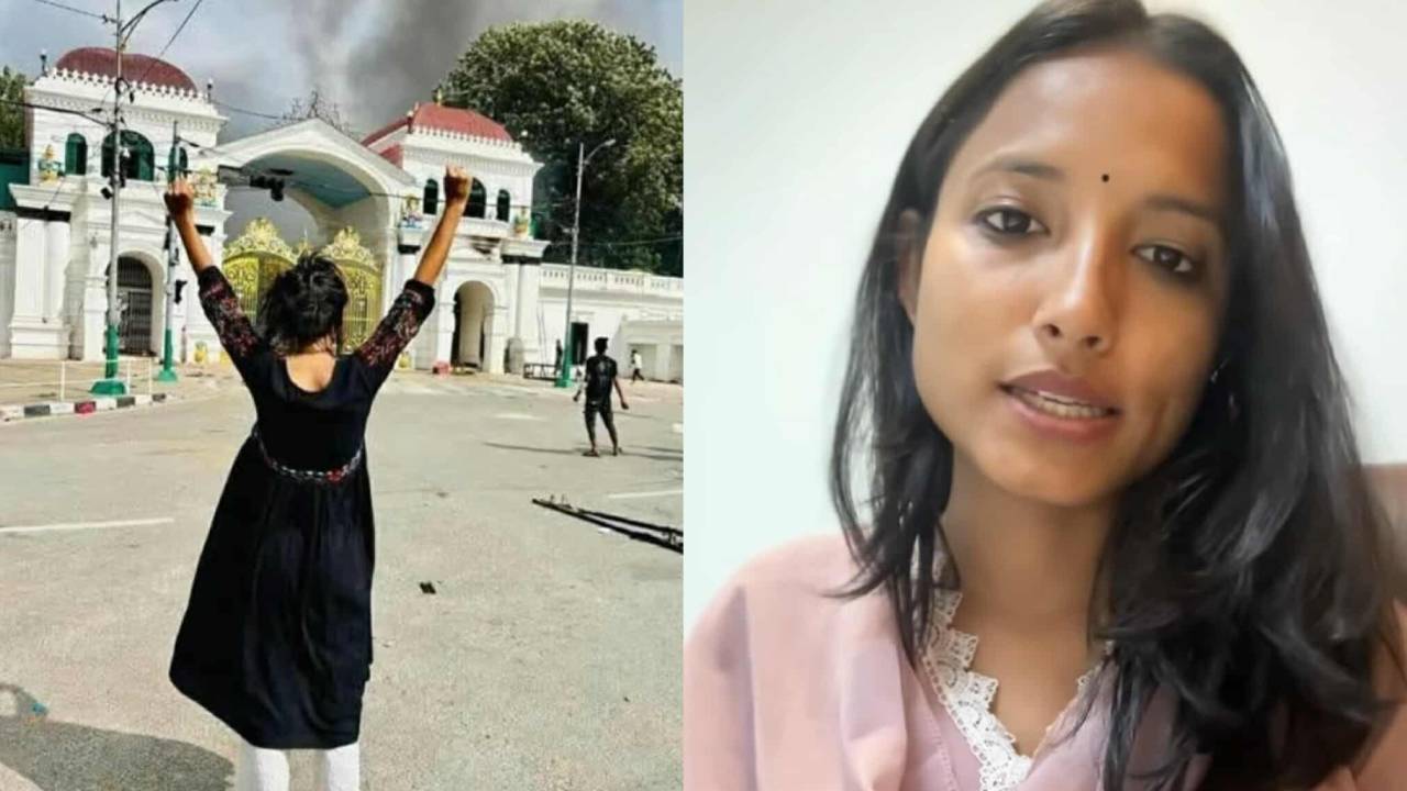 ‘देखिस् तेरो पतन !’ भन्दै जलिरहेको सिंहदरबारअघि कैलालीकी रक्षा बमको विजयी पोज